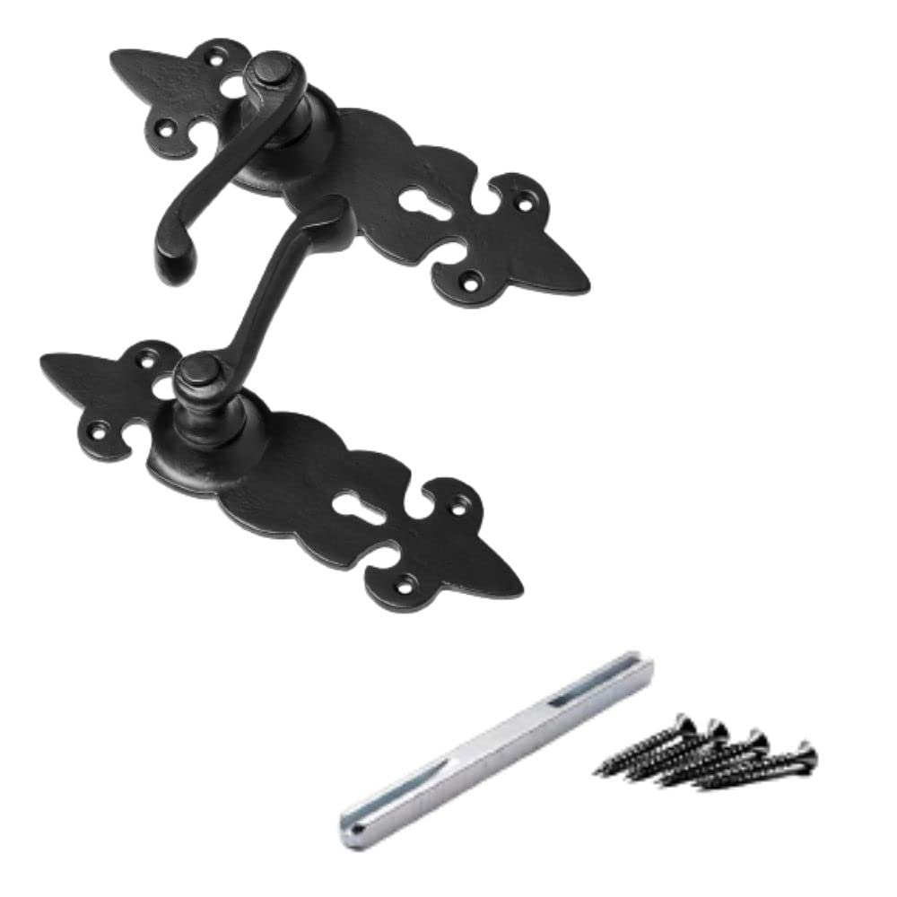 1 Pair of Black Antique Fleur De LYS Key Lock Handle Ornate Lever Key Lock Door Handle Pair with Rustic Antique Design Cast Iron Lever Key Lock Pair with Spindle and Screws.