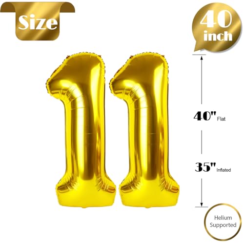 Image of Gold Number 11 Balloon 40 inch, 11 Number Balloons, 11th Gold Birthday Decorations, 11 Year Old Golden Party Supplies
