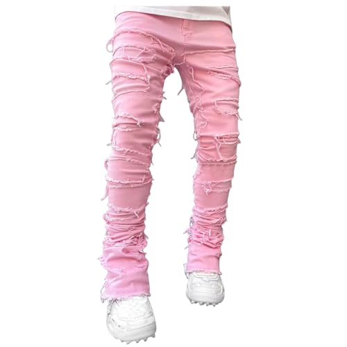 Men's Slim Fit Stretch Jeans Straight Leg Denim Pants Distressed Patchwork Stacked Frayed Fashion Stretch Trouser