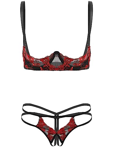 Choomomo Lingerie Ensemble String & Redresse-Sein Bra en Dentelle Ouvert Bretelles Réglable Soutien-Gorge Léger en Maille Transaprent Tenue de Soirée...
