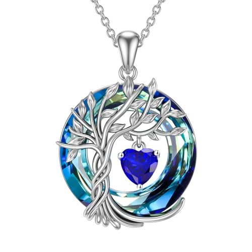 TOUPOP Tree of Life Birthstone Necklaces for Women White Gold Plated 925 Sterling Silver Irish Celtic Tree Jewelry Austrian Crystal Necklace Birthday Anniversary Christmas Gifts for Women Her Wife