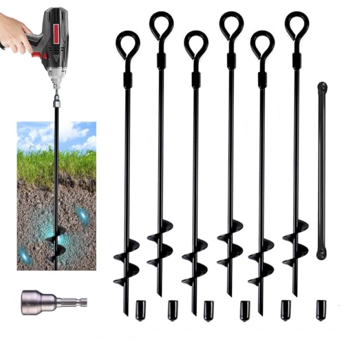 MIXXIDEA18 Inch Ground Anchors Screw in Folding Ring Spiral Metal Ground Stakes Dog Tie Out Stake Spiraling Anchor Trampoline Anchors for Tent (black-6pk)
