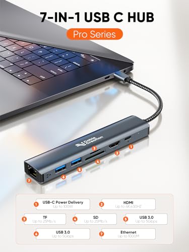 Image of CableCreation USB C Hub for Laptop Multiport Adapter,Pro Series 7 in 1 Type C Dongle Docking Station USB-C Adapter with 4K 30Hz HDMI,1000Mbps RJ45 Ethernet, 100W PD, SD /TF Card, 2 USB 3.0 5Gbps Data