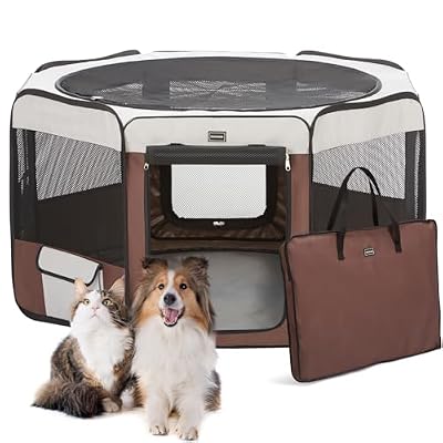 DONORO Dog Playpen Portable Pet Play Pens for Small Dog/Cat/Rabbit/Chicks, Cat Playpen Indoor/Outdoor with Carring Case, Removable Zipper Top and Bottom (Brown, Medium (35"x35"x20"), 8)