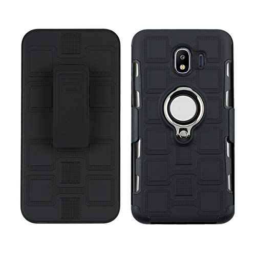 TQHH Full-Body Rugged Holster Case ，TPU+PC Double Protection Case Shockproof Cover with 360 Degree Rotating Ring for Samsung Galaxy J4 2018(Black)