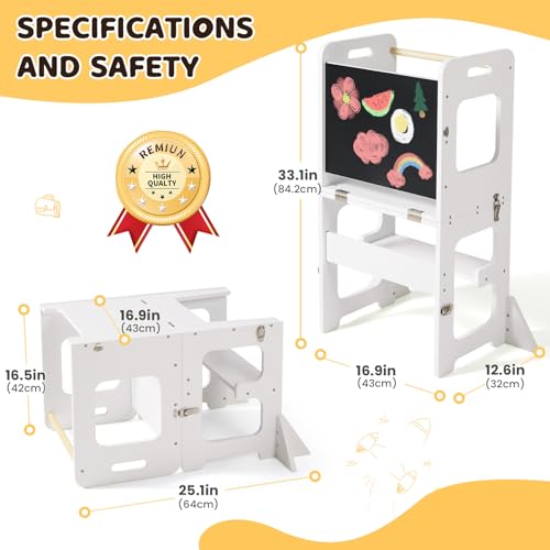 Image of labebe Toddler Standing Tower for 12M+, Montessori Foldable Learning Standing Tower with Blackboard, Anti-tip Structure Design,Wooden Kitchen Step Helper Stool for 1-3 Year Old Boy Girl Gift