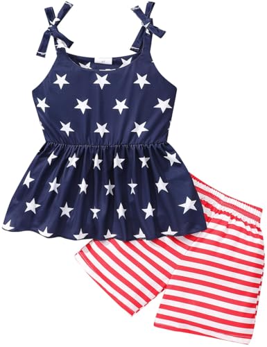 Image of Toddler Girls Clothes Summer Short Set Outfit Tie Knot Shoulder Sleeveless Ruffle Tops and Shorts 2PC Clothing Set