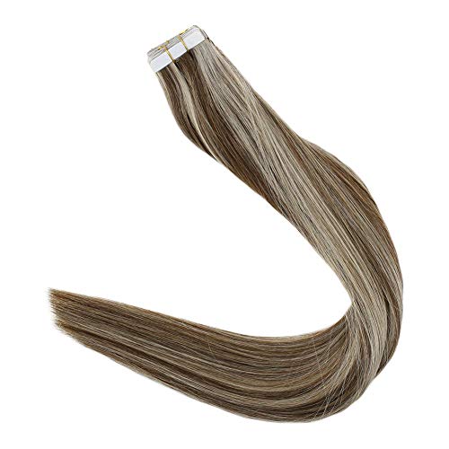 Tape in Hair Extensions Human Hair 12 Inches Highlights #3 Dark Brown with #60 Platinum Blonde Piano Color 20pcs/40g Glue in Seamless Skin Weft Glue in Hair Extensions