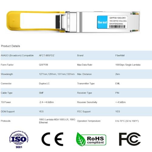 Image of 100G QSFP28 DR Single Lambda Optical Transceiver Module,Compatible with AVAGO-Broadcom AFCT-89SFDZ,100GBASE-DR QSFP28 1310nm 500m Duplex LC SMF with FEC DDM