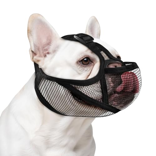 French Bulldog Muzzle with Breathable Open Eye Hole Design, Allows Tongue Extension - Soft Short Snout Dog Muzzle for French Bulldog, Pug, Shih Tzu to Prevent Biting Allow Drink & Feed(S,Black)