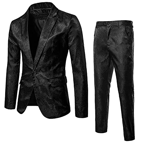 Men's 2 Pieces Jacquard Blazer Suits 1 Button Party Wedding Tuxedo Jacket Pants Casual Slim Night Club Dress Suit (Black,XX-Large)
