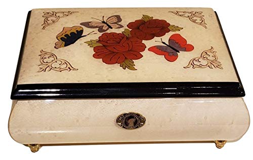 Splendid White Floral Italian Inlaid Music Box With Butterfly Design Handmade In Sorrento Italy With Customizable Tunes #TOP16