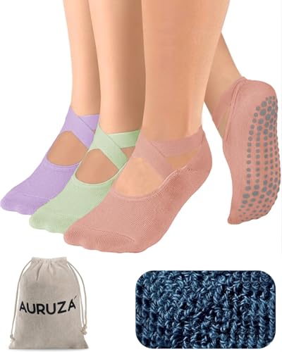 Image of AURUZA Pilates Grip Socks for Women Non Slip Skid Yoga Socks with Grips Straps for Ballet Dance Workout Gripper Sock