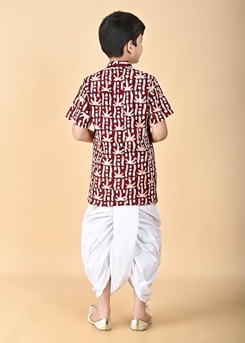 Image of Kids Traditional Pure Cotton Batik Printed Kurta & Dhoti Pant Set, Short Sleeve, White Bottom, Ethnic Wear