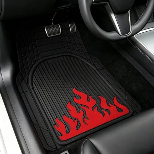 OEMATS Heavy Duty Rubber Car Mats Flame Design (Inferno Red) 4-Piece Deep Waterproof Floor Mats Set (Front & Rear Full Set) All Weather Universal Trim to Fit Automotive SUV Sedan Truck