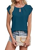 Blooming Jelly Women's Dressy Casual Blouses Business Short Sleeve Round Neck Shirts Summer Work Top Pleated Keyhole Tee (Medium,Teal)