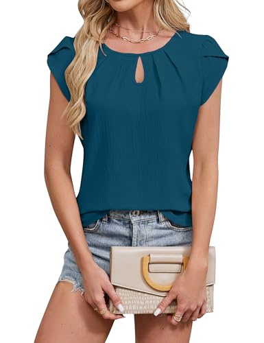 Blooming Jelly Women's Dressy Casual Blouses Business Short Sleeve T Shirts Summer Work Top Pleated Keyhole Shirts