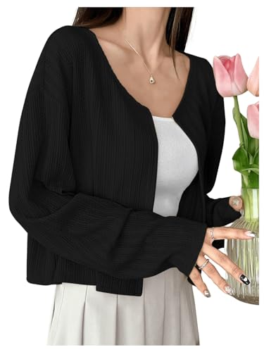 Image of MakeMeChic Women's Long Sleeve Button Open Front Lightweight Cropped Cardigan Sweaters Black Small