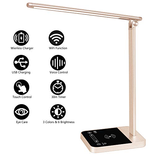 LED Desk Lamp with Fast Wireless Charger, WiFi, Desk Light 6 Brightness Levels 3 Lighting Modes Touch Control USB Port Timer Memory Function, Office Table Lamp Works with Alexa Google Home (Gold)