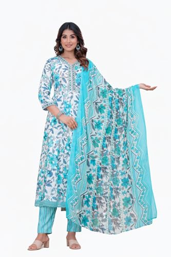 Image of Women's Indigo Blue Printed Anarkali Kurta with Palazzo Set, Long Sleeve V-Neck Ethnic Wear (IN, Alpha, 2XL, Regular, Sky Blue)