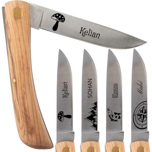 Couteau de poche avec manche en bois personnalisé – Lame acier avec gravure texte - Cadeau homme : Fête des pères, papa, papy, noel ou anniversaire