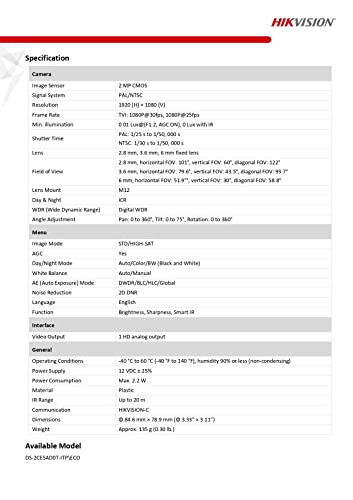 HIKVISION 2Mp Indoor Wired Color Camera for Dvr Ds-2Ce5Ad0T-Itp Eco Bnc/Dc, White - 1080P - Image 7