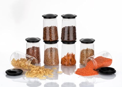 Image of Xiran Kitchen Storage Box, Container for Kitchen, Storage Box for Kitchen, Storage Jars, Storage Containers for Pulses, Cereals, Dry Fruits, Kitchen Accessories Items for Home (1200Ml Black Set of 6)