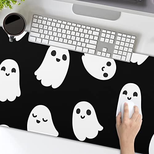 Image of Halloween Cute Ghost Mouse Pad Kawaii Cartoon Spooky Funny Spirit Extended Desk Mat Non-Slip Rubber Base Stitched Edge Large XL Black White Mousepad for Desk Gaming Laptop Desktop,31.5x11.8 Inch