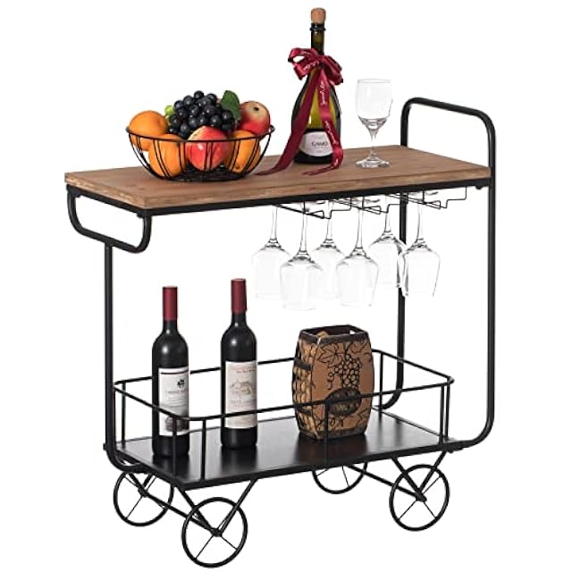 Vintiquewise Metal Wine Bar Serving Cart with Rolling Wheels, Glass Holder, and Wine Rack-2TsAbvA2