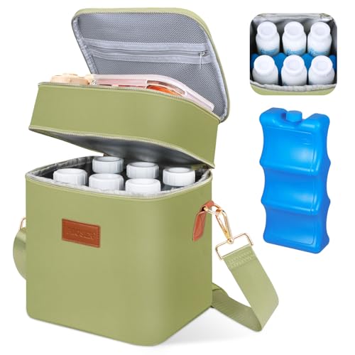 Image of PIIOSER Breastmilk Cooler Bag with Ice Pack Fits 6 Baby Bottles Up to 9 Ounce, Insulated Baby Bottle Tote Bags, Double Layer Waterproof Leak-Proof with Shoulder Strap for Nursing & Working Mom (Green)