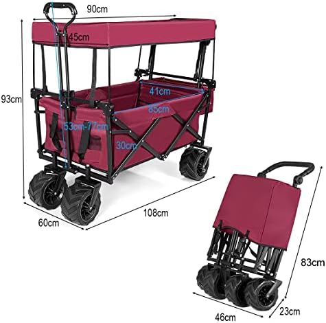 Maxmass Foldable Trolley Cart with Adjustable Handle and Removable Canopy, Garden Wagon Truck (Red)