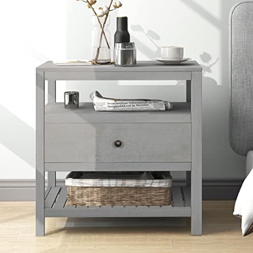 Nightstand Side Table Side Table with Storage Drawers and Open Shelves Solid Wood Nightstand with Solid Wood Legs Modern Nightstand for Bedroom Living Room (WF281117AAE-Gray)