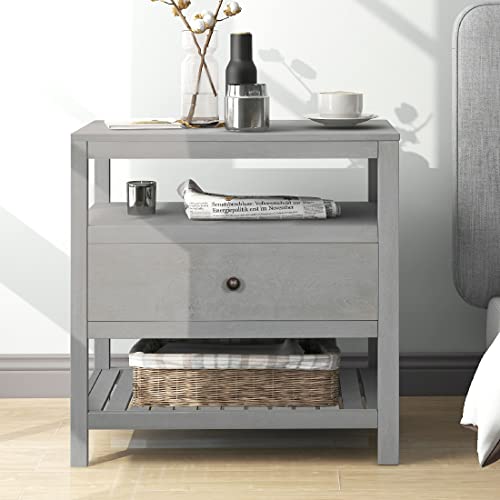 Nightstand Side Table Side Table With Storage Drawers And Open Shelves Solid Wood Nightstand With Solid Wood Legs Modern Nightstand For Bedroom Living Room (Wf281117Aae-Gray) #TOP2