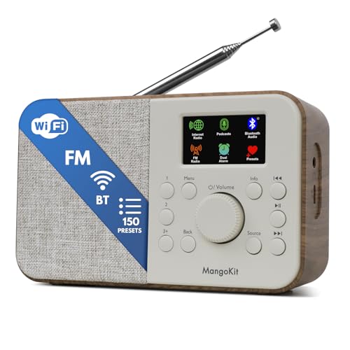 MangoKit SR-L WiFi Internet Radio Podcast Player Bluetooth Speaker 150 Presets Portable FM Radio Alarm Clock Radio Compact Kitchen Radio with Full Colour Display Mains or Battery Powered-Walnut