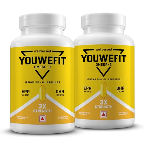 Image of YouWeFit Triple Strength Omega 3 Fish Oil Capsules 1250mg 90 Softgels Pack Of 2 | 540mg EPA & 360mg DHA | Burpless Omega 3 Fish Oil Supplement | Heart Brain Joint & Muscle Recovery Support For Men & Women