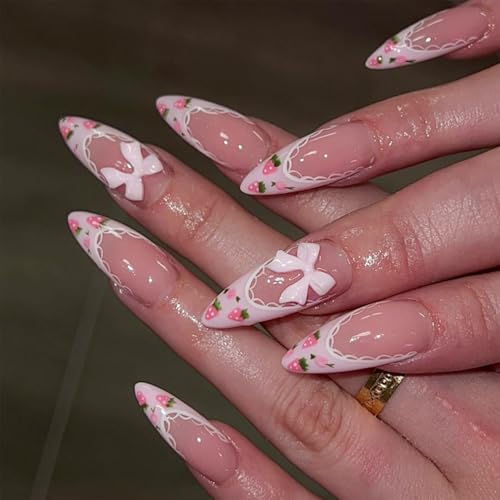 Image of NBNTGH Pink French Tip Glue On Nails, 24 Pcs Almond Shape, ABS Material, Full Cover, Glossy Finish, Strawberry Bow Pattern, Reusable, Summer Nails for Women, Home Manicure, 24 Fl Oz