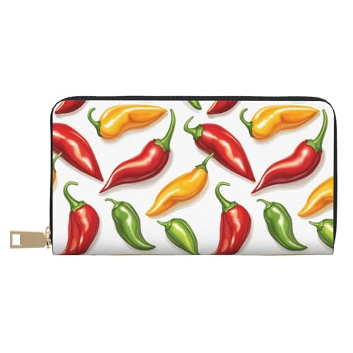 Colorful Chili Peppers Print Wallet Women Men, Long PU Leather Wallets for Women, Cute Womens Travel Wallet Purse Pouch with Zipper Pocket