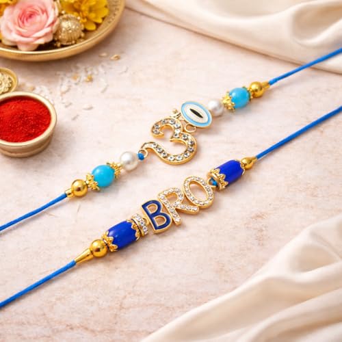 Image of Jaipur Ace Designer Kundan Rakhi with Lumba for Bhaiya Bhabhi | Premium Raksha Bandhan Thread for Brother & Sister-in-Law | Fancy Stone Work Bracelet with Tassel | Traditional Festival Gift (SET OF 2)