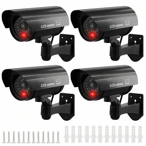 QWORK 4 Pack Black Dummy Security Cameras with Red Flashing Light Waterproof Bullet Shape Outdoor Indoor Use Includes CCTV Signs and Screws No Batteries Included