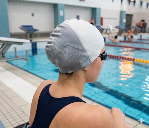 Image of MAJIK Silicone Swimming Cap for Men, Women and Kids Waterproof Swim Cap with Easy Fit Swimming Accessories (White-Grey Multi)