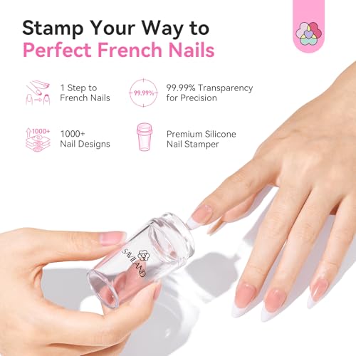 Image of Saviland French Tip Nail Stamp: 4PCS Nail Art Stamper Kit Clear Silicone Nails Stamping Long & Short Jelly Stamper with Scrapers Nails Stamper Kit for French Manicure Home DIY Salon