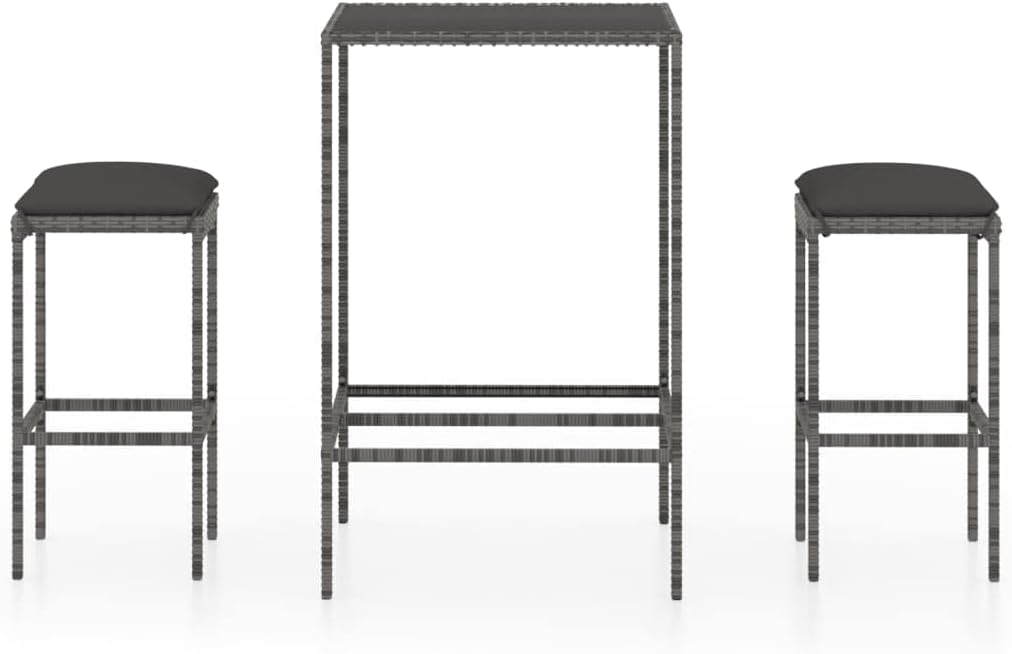 3 Piece Patio Bar Set,All Weather PE Rattan Conversation Furniture,Bistro Set for Bar, Pub, Garden, Backyard, Patio,Indoor Outdoor Furniture,with Cushions Poly Rattan Gray(Easy to Assemble)