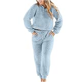 Ansenesna Damen Hausanzug Plüsch Fleece Winter Elegant Bekleidungsset Frauen Gefüttert Teddyfleece Anzug Zweiteilig Freizeitanzug Teddyplüsch Warm Langarm Oberteile und Hose (Blau,XXL)