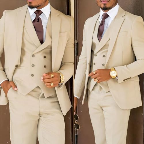 Men Beige Ivory Wedding Notch Lapel Tuxedo Groomsmen Slim Fit Blazer Vest Pant 3-Pieces Suit4