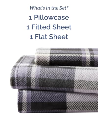Image of Fleece Sheets Twin XL Size Set - 3-Piece Flannel Sheet Set - Grey Tartan