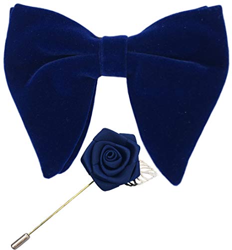 Mens pre-tied oversized velvet bow tie with flower lapel pin broo…