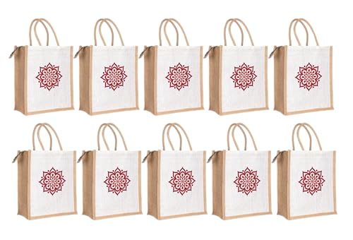 Soman Jute Ecofriendly Return Gift Bags Rangoli printed with Zip White Natural Pack of 10 Bags
