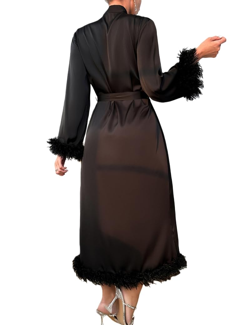 Genérico Bata de Satén Lisa para Mujer - Albornoces Largo y Ligero Tipo Cárdigan con Mangas de Plumas - Cómoda y Suave Bata de Seda con Cuello en V - Ropa de Dormir