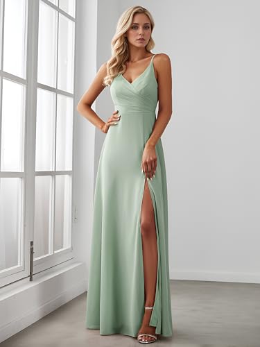Image of Ever-Pretty Women's Sexy Side Slit V Neck Spaghetti Straps Chiffon A Line Bridesmaid Dress 0128B-PH