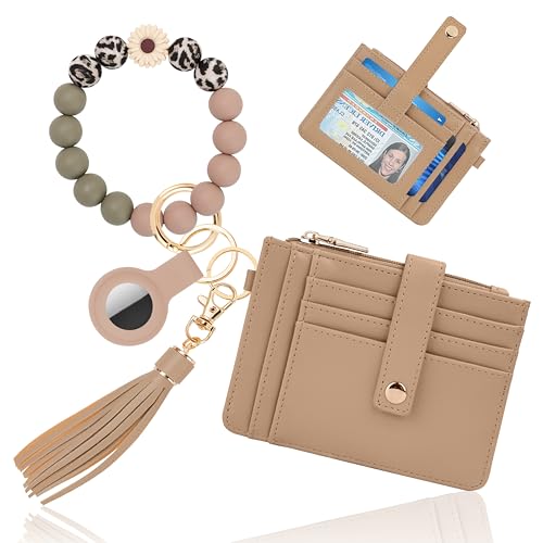 Sunpour Wristlet Wallets for Women Cute Keychain Wallet with AirTag Holder RFID Small Credit Card Holder Boho Beaded Wallet Keychain WristletCamel